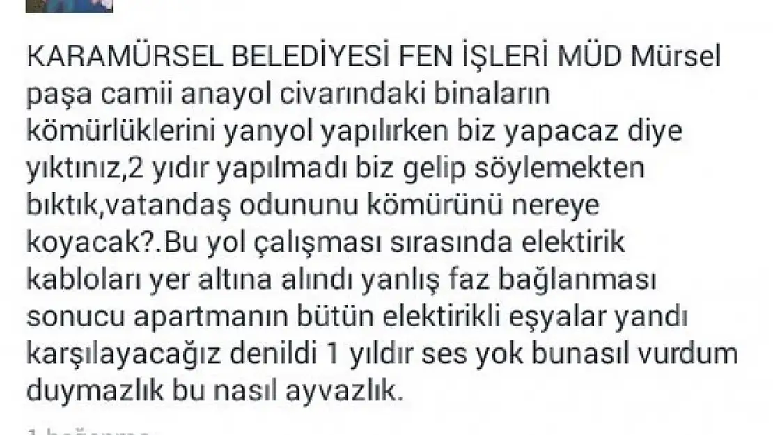 Karamürsel Belediyesi Fen İşleri Müdürlüğünün Verdiği Sözlerin Yerine Getirilmesi İsteniyor