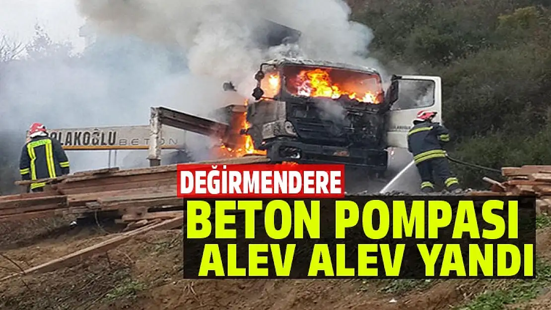 Beton pompası alev alev yandı, hurdaya döndü