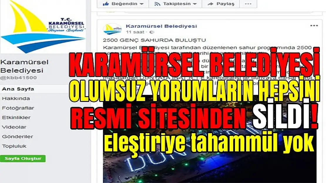 Karamürsel Belediyesi basın yayın bütün kötü yorumları sildi