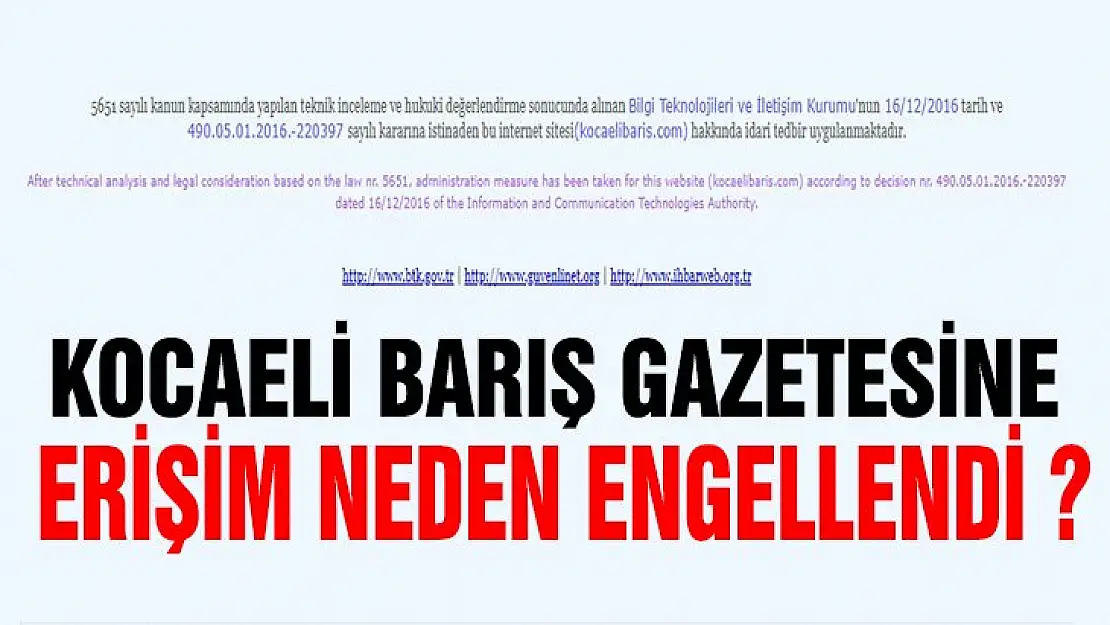 Kocaeli barış gazetesi internet sitesine erişim engellendi!