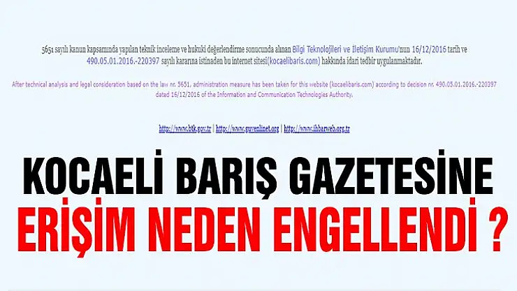 Kocaeli barış gazetesi internet sitesine erişim engellendi!